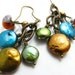 Pearl and Brass Dangle Earrings, Trio of Green, Blue, Gold Pearl, Lampwork Glass, Antiqued Brass, Boho Fashion, Dangle Earrings