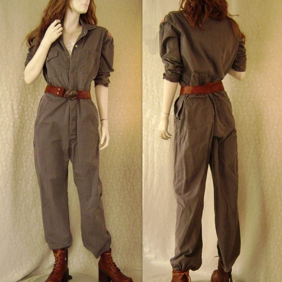 VINTAGE 70s Cotton Twill Grey JUMPSUIT Men's Size 34