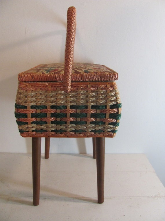 Vintage Wicker Sewing Basket With Wooden Legs / perfect