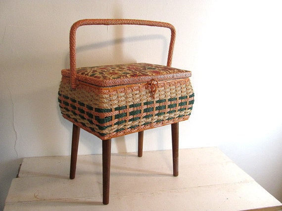 Vintage Wicker Sewing Basket With Wooden Legs / perfect