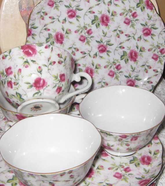 Vintage Lefton China Rose Chintz Luncheon Set with Tea Cups