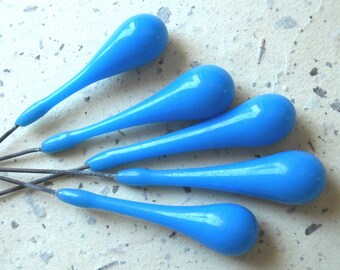 Long Turquoise Drop Pendants, Unique Glass Teardrop Pendants, Blue Glass Tipped Pins, Vintage Tipped Pins, Handmade glass Pendants, 4
