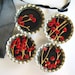 Red Berries on Gold Tree Branches- Bottlecap Magnets with Black Organza Bag- Set of 4
