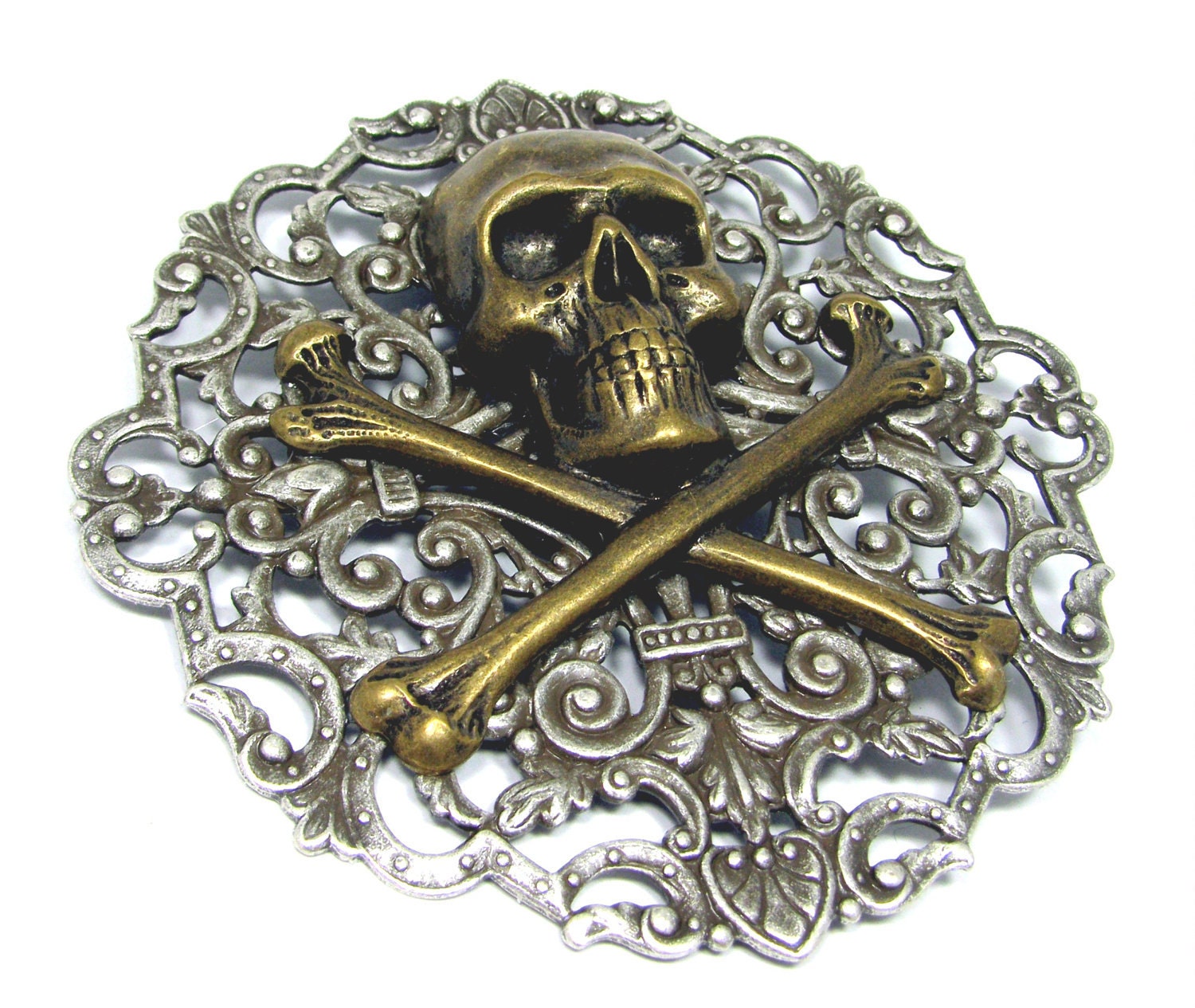 HUGE PIRATE PIN Brooch Jewelry Skull and Crossbones Steampunk