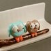 Hand Sculpted Business Card Holder - Little Owls In Blue And Mocha - Miniature Polymer Clay Animal