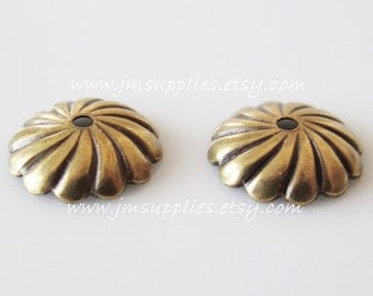 Bead Cap, Antiqued Gold 9mm Ribbed Fancy Round