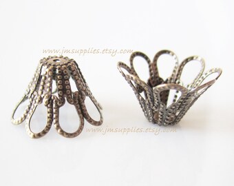 Bead Cap, Antiqued Gold 14mm Fancy Basket with Cutout Pattern