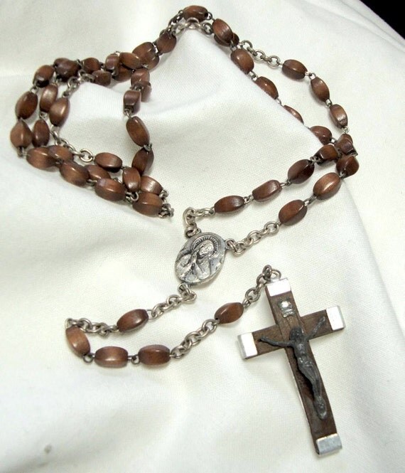 Vintage Rosary Beads Olive Wood Crucifix Italy 1940s