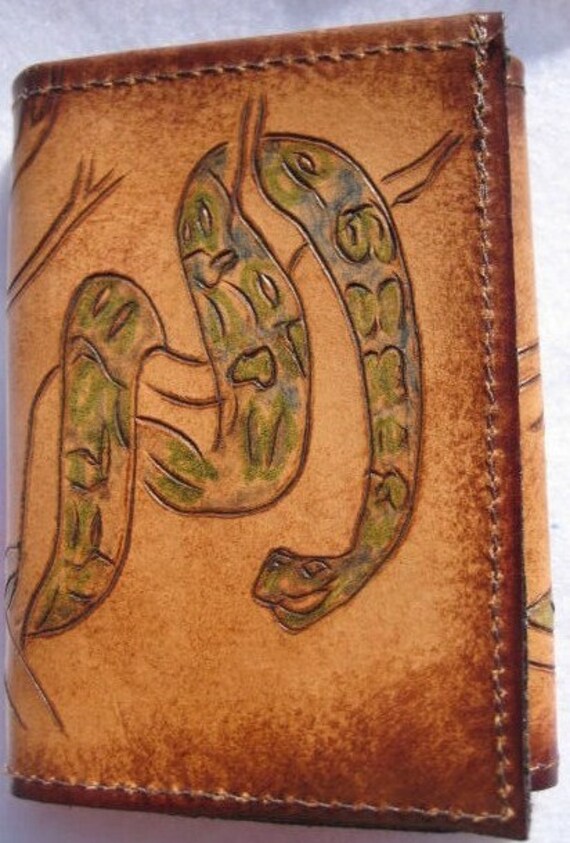 Hand Carved Snake Leather Trifold Wallet by galeatherlady on Etsy