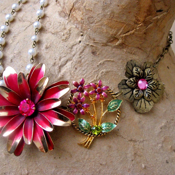 Vintage Costume Jewelry Statement Necklace Assemblage Pink