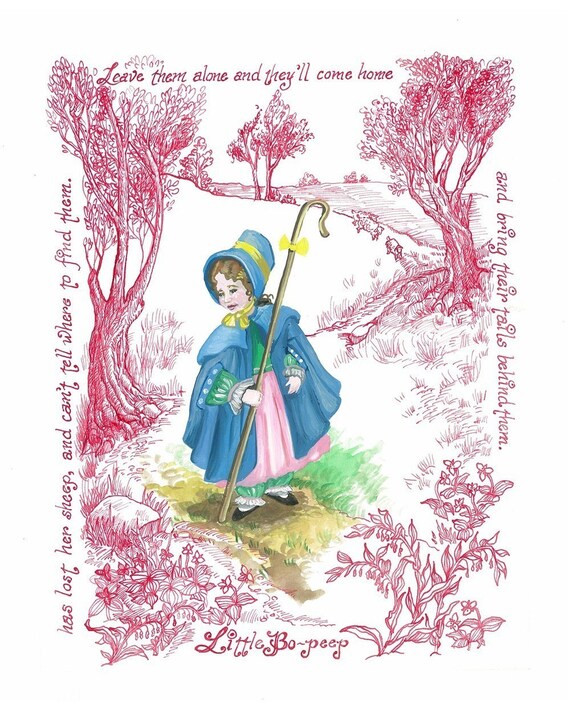 Items similar to Red Toile Nursery Rhyme Little Bow Peep on Etsy