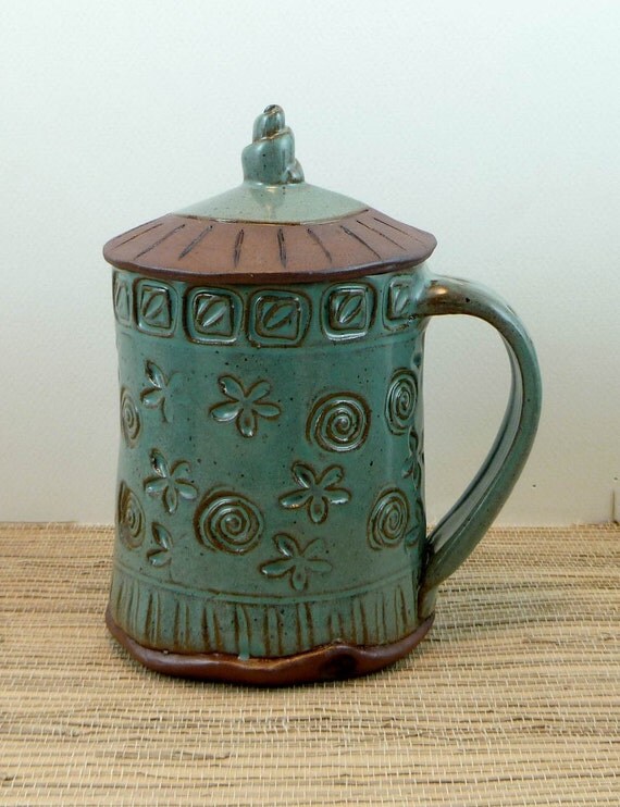 Handbuilt soft slab stoneware mug with lid