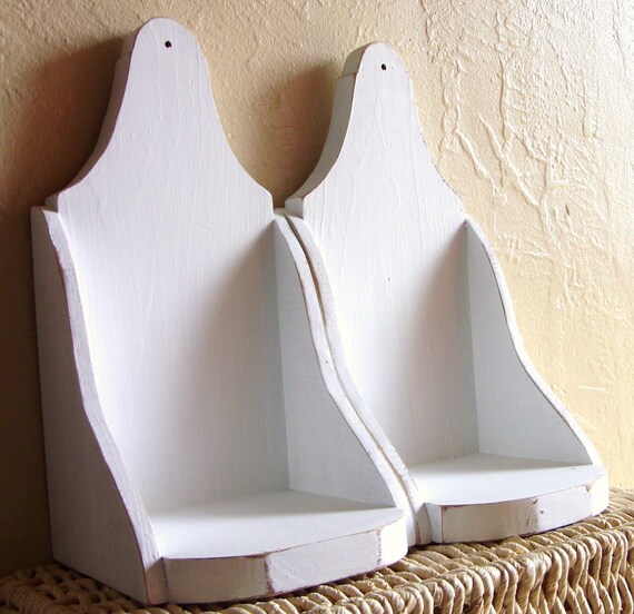 Shabby Chic White Wall Shelf Pair Wooden Niche Shelves
