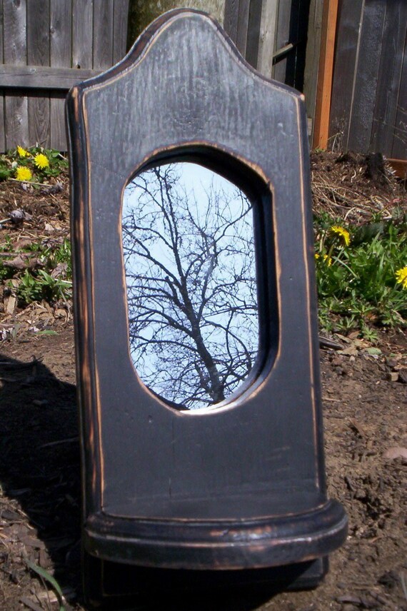 Shabby Chic Distressed Black Primitive Wood Wall Mirror with