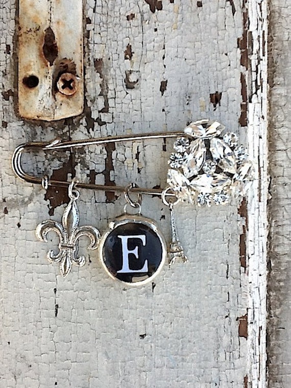 Items similar to Safety pin Rhinestone Brooch, Initial Charm on Etsy