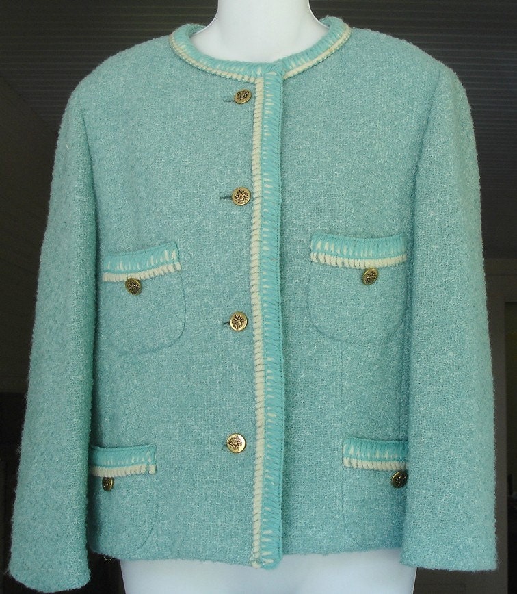 Early 1960s Vintage Chanel Styled Turquoise Blue Tweed Jacket