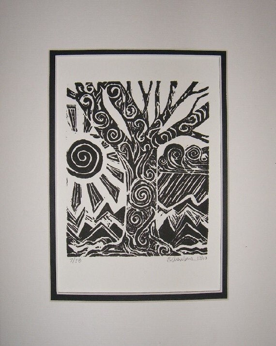 Items similar to One Fine Day- Black and white Linoleum Block Print on