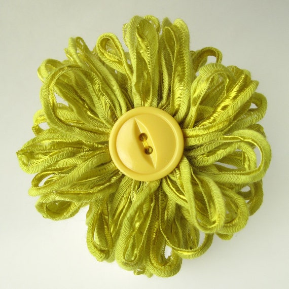 3 Lime Green Ribbon Flowers handmade fabric bouquet