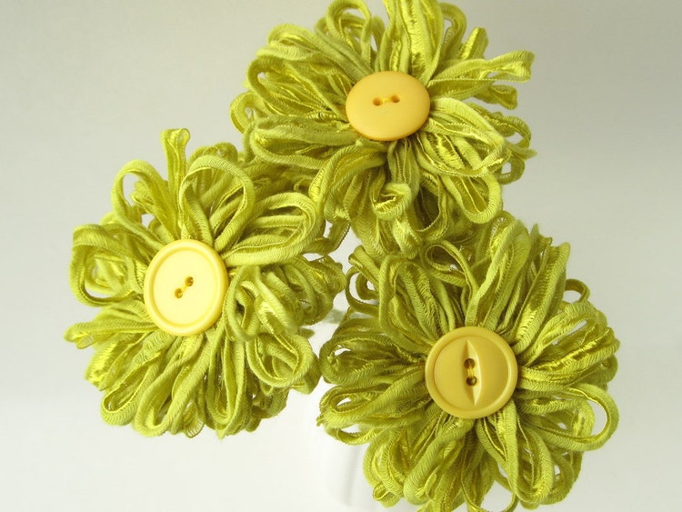 3 Lime Green Ribbon Flowers handmade fabric bouquet by ffflowers