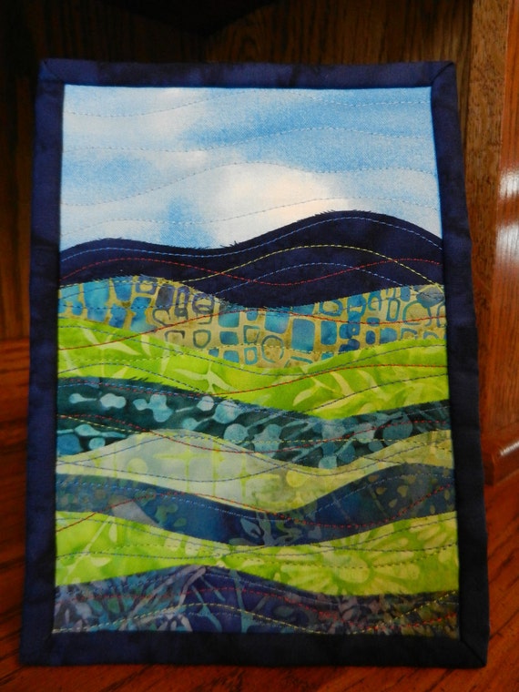 Landscape Art Quilt Mini Batik Fabric Art displayed on 5 x