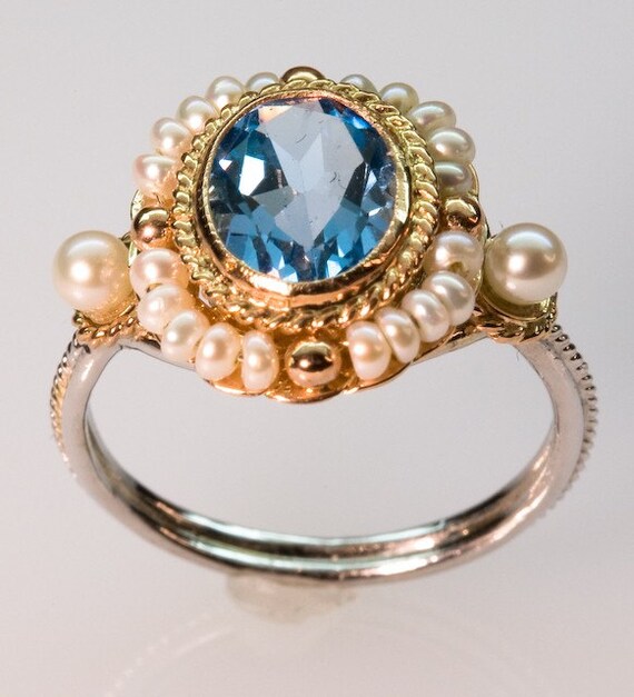 Items similar to Blue Topaz and Pearl Ring - in 14K Gold on Etsy