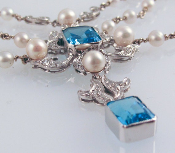 Blue Topaz & Pearl Opera Necklace in 14K white gold