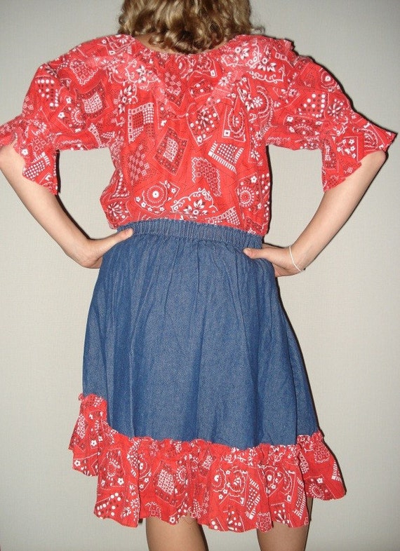 RUFFLE SQUARE Dance PEASANT Bandana JEAN VTG 80s PRAIRIE