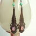 Long Art Deco Fire Opal Dangle Earrings Antiqued Brass Vintage Glass