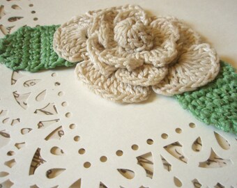 Crocheted Brooch - Ivory Rose Flower Pin - Crocheted Pin - Fiber Jewelry - Sage Green and White