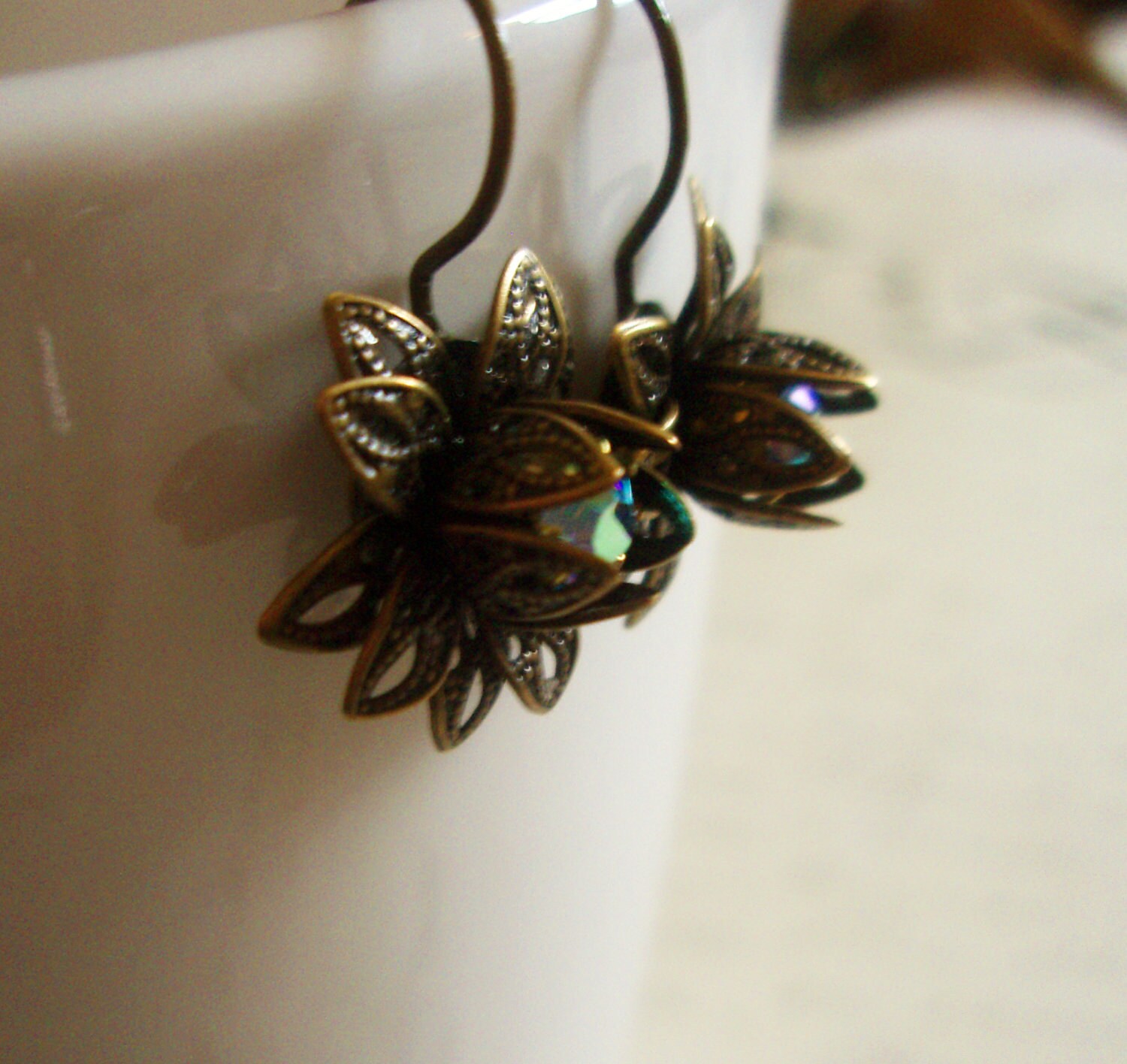 Sale Swarovski Lotus Flower Dangle Earrings Antiqued Brass