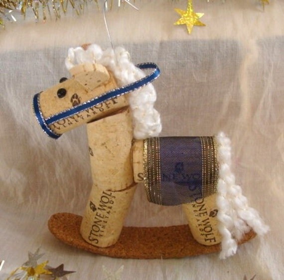 Wine Cork Rocking Horse Ornament White and Dark Blue