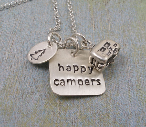 Hand Stamped Charm Necklace - Sterling Silver Charm Necklace - HAPPY CAMPERS