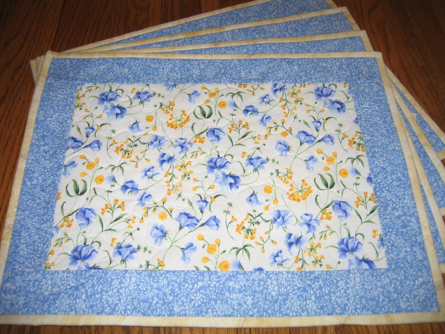 Quilted Placemats Set of 4 in a Blue and Yellow by NowthenDesign