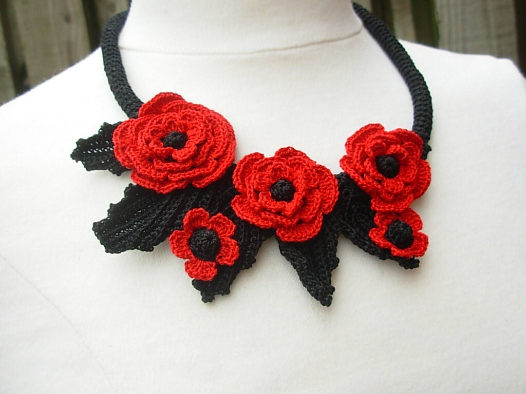 Download Crochet red flower romantic necklace choker by FlowersbyIrene