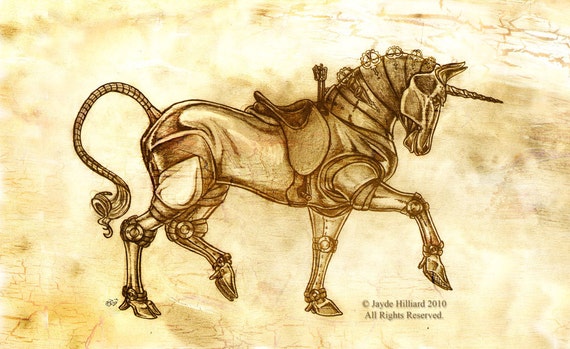 Fantasy Steampunk Mechanical Unicorn Sketch 8.5x11 Art by redrevvy