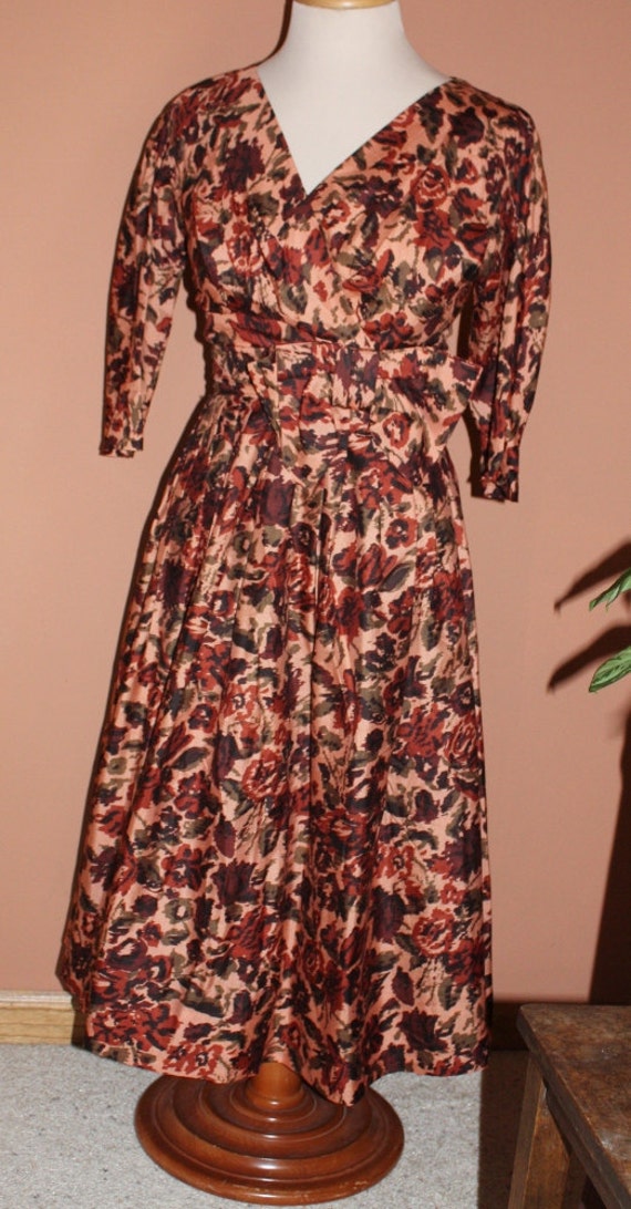 Vintage Dress Silk Earth Tone Flowers 3/4 by ilovevintagestuff