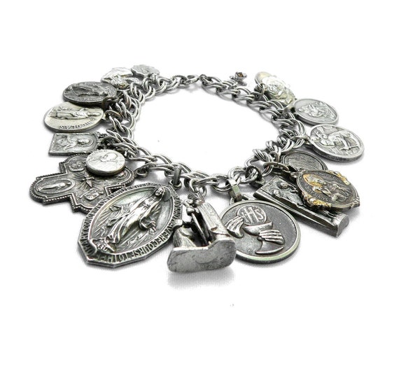 Religious Medals Charm Bracelet Sterling Silver Antique