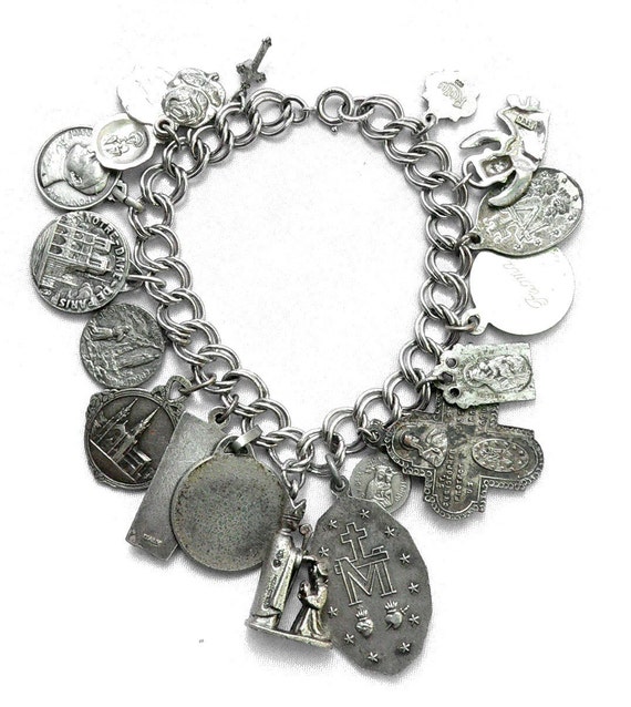 Religious Medals Charm Bracelet Sterling Silver Antique