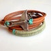 Friendship Bracelet Dark Natural Leather Wrap Bracelet Antique Silver Whale Tail Light Khaki Turquoise Cotton Weave