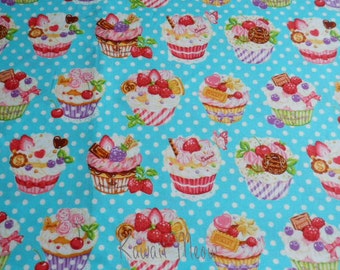 SALE - Sweets Cup Cake Polka dots on Blue - Fat Quarter (12i0603)
