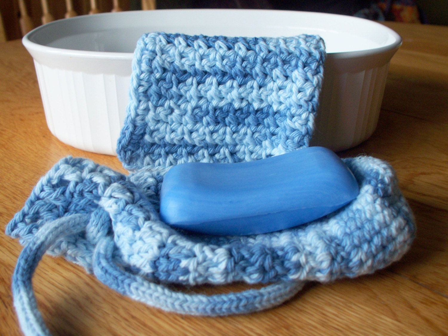 Cotton Soap Bag and Wash Cloth in Shades of Blue