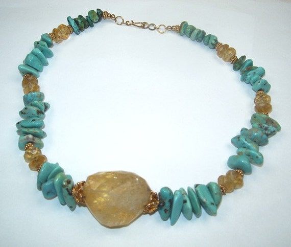 Chunky Turquoise Necklace Citrine Gold Choker by DoolittleJewelry