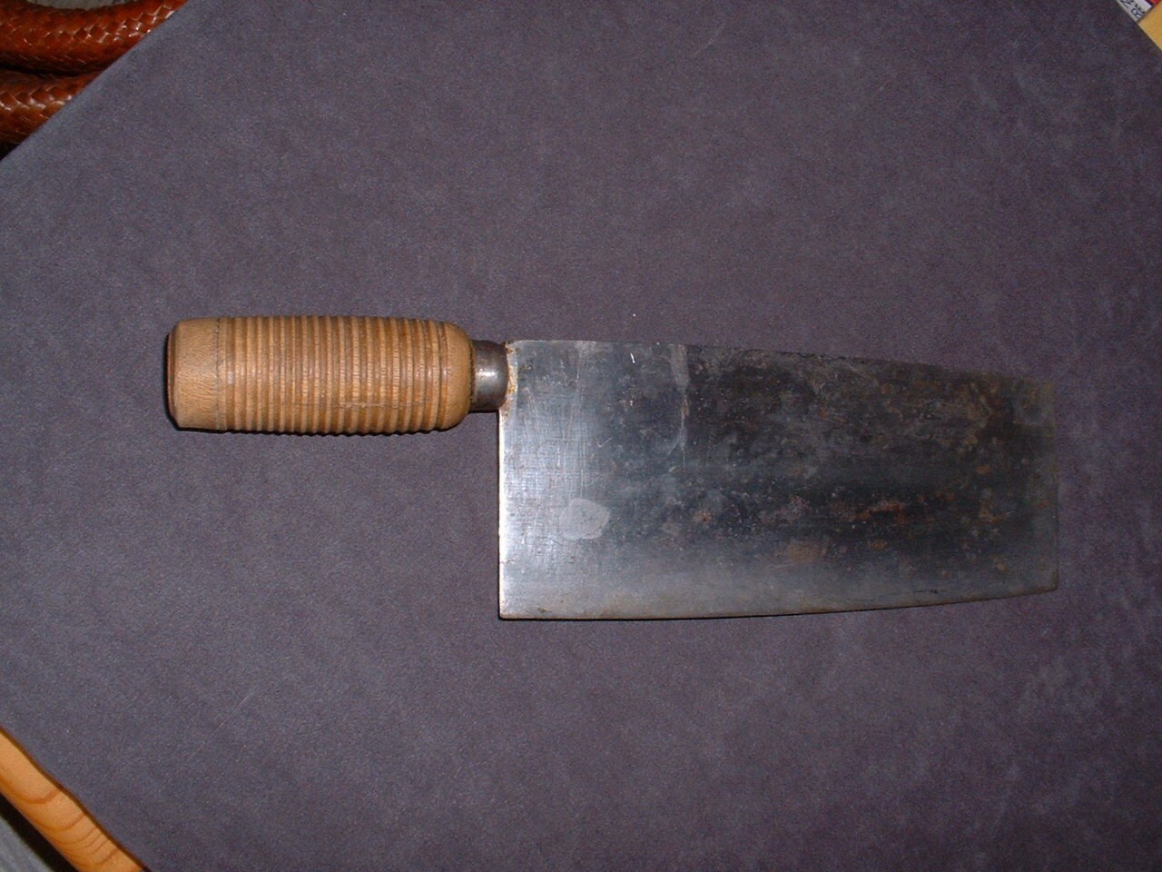 Vintage Japanese Meat Cleaver Knife Wooden Handle Signed