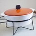 Mid-Century Orange and White Casserole with Teak and Black Stand