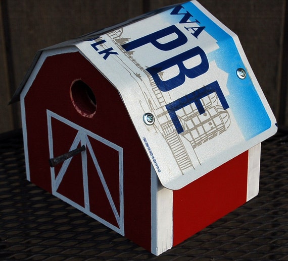 Recycled IOWA Farm License Plate With Barn Shape Bird House