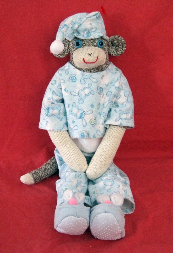 Sock Monkey In Blue Bunny Rabbit Pajamas Matching Blue Bunny