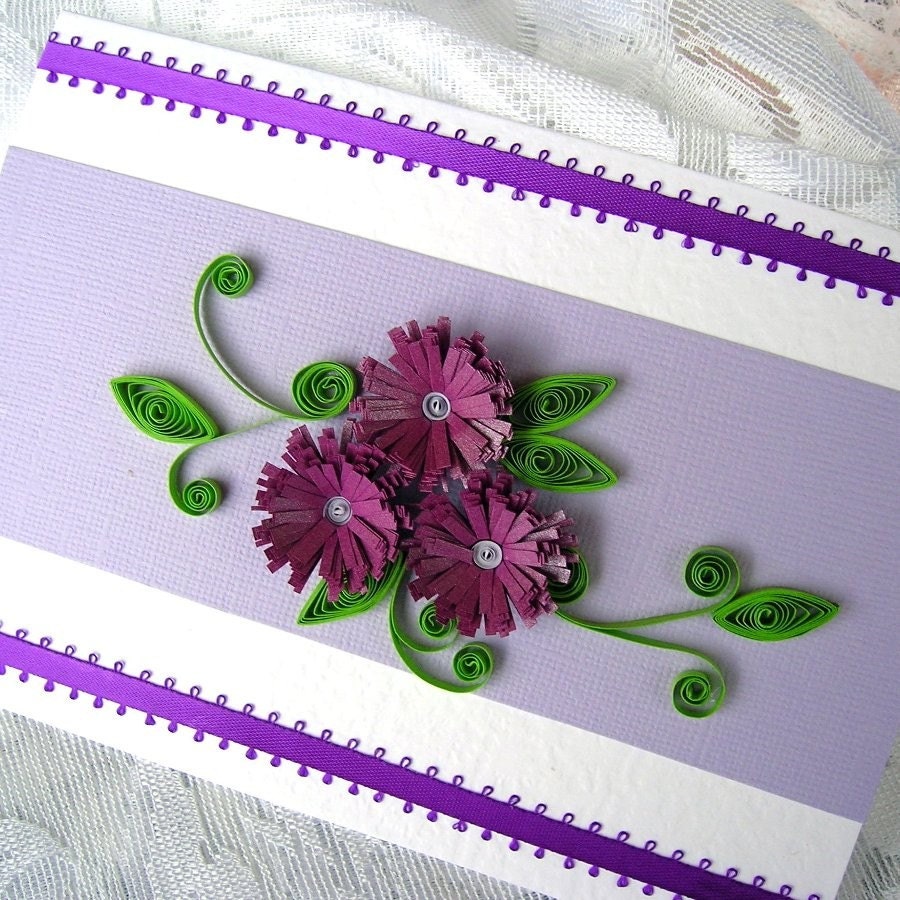 Paper Quilled PURPLE Fringed DAISY Flowers on a Lilac Border