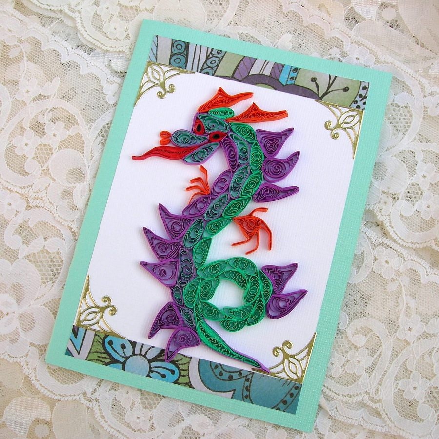 Quilling Card Paper Quilled DRAGON Porteus the FANTASY Purple