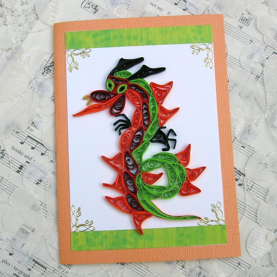 Quilling Card Paper Quilled DRAGON Draco the FANTASY Orange