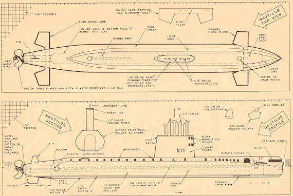 Diving Submarines. Vintage Model Boat Plans in Black and